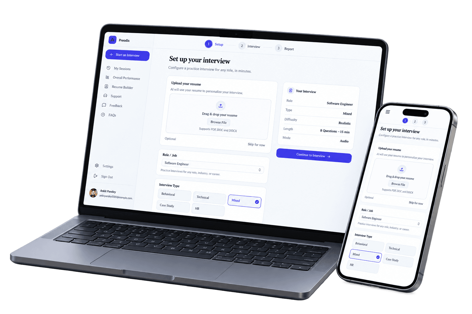 Preodix AI interview practice platform on laptop and mobile